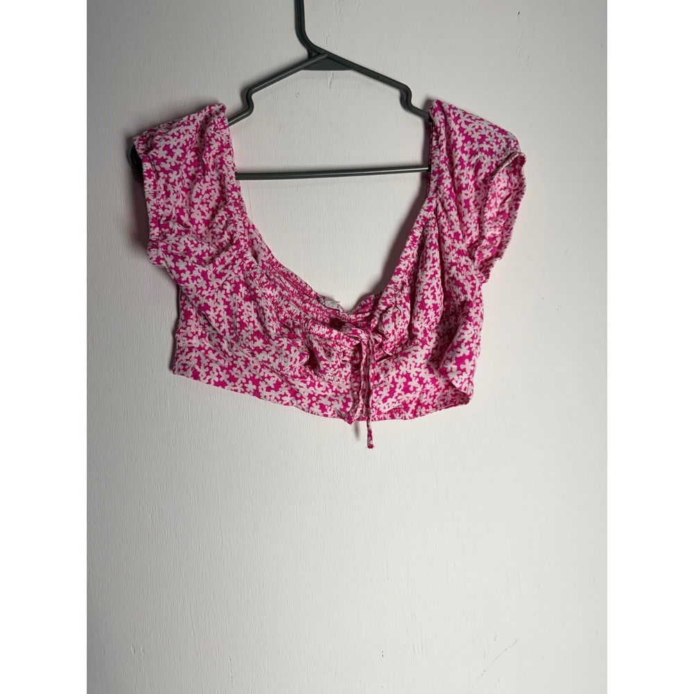 Garage Pink Floral Crop Top Smocked Back Tie Front Milkmaid Boho Summer Blouse